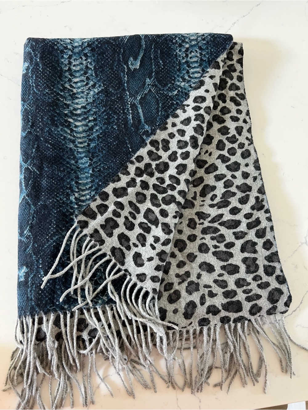 La Fiorentina Reversible Animal Print 100% Wool Fringe Wrap Shawl 27" X 70"